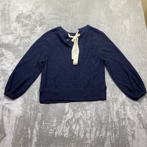Anthropologie Emily Puff-Sleeve Sweater Navy Blue Cotton Knit Bow Back Sz S Boho